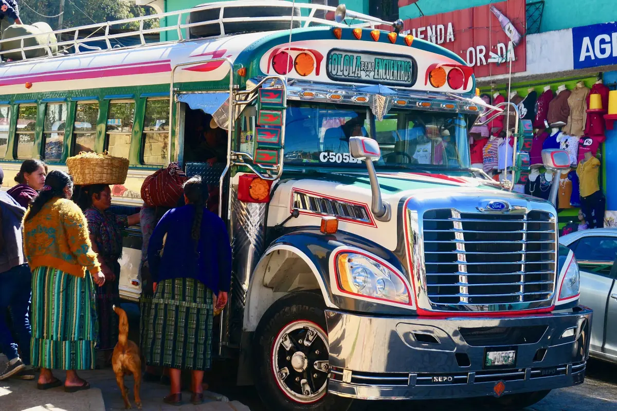 A colourful bus on market day in Sololá